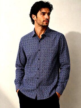 Shirt Geometric Floral Blue Luxury Long Sleeve Button Up Soul of London Men XXL